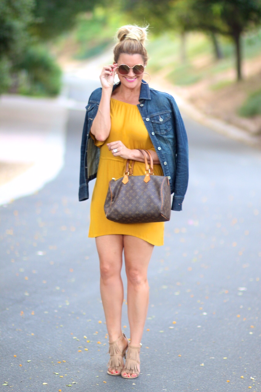 yellow dress with denim jacket