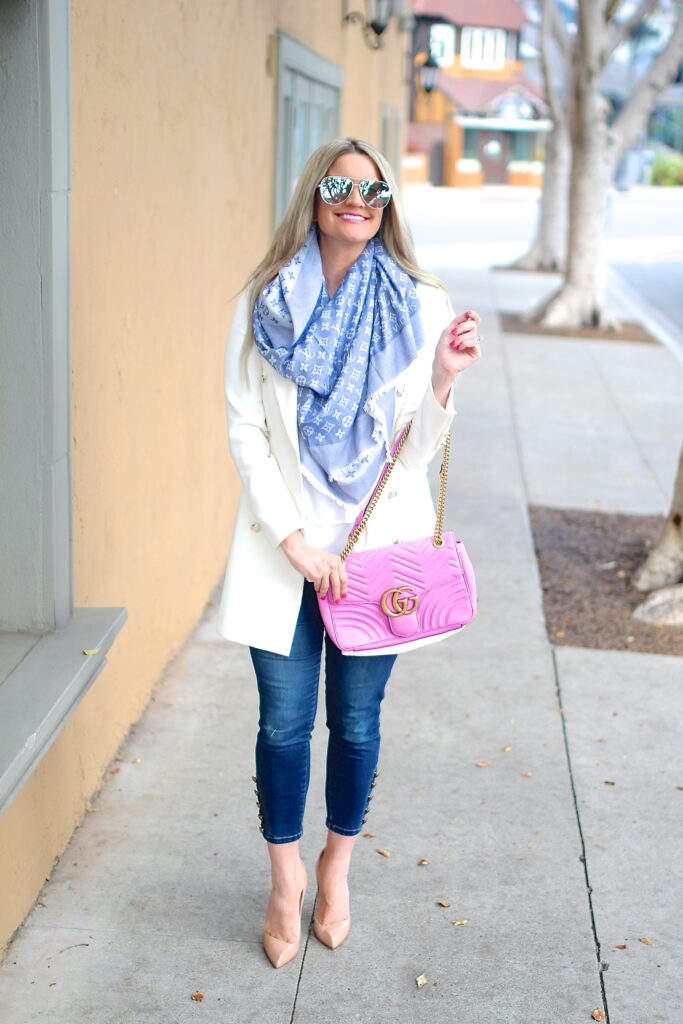 pink louis vuitton scarf outfit